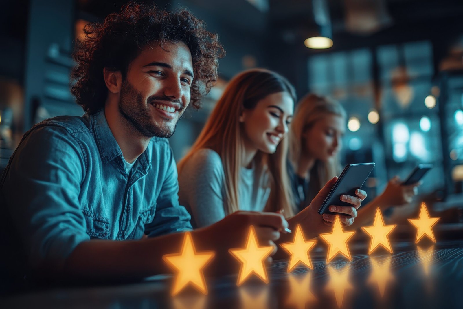 three people are sitting table with their cell phones one them smiling scaled